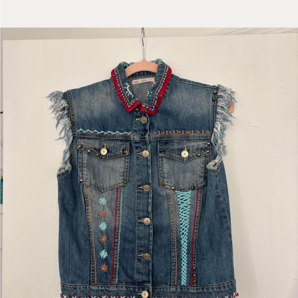 Embroidered Denim Vest with Colorful Accents